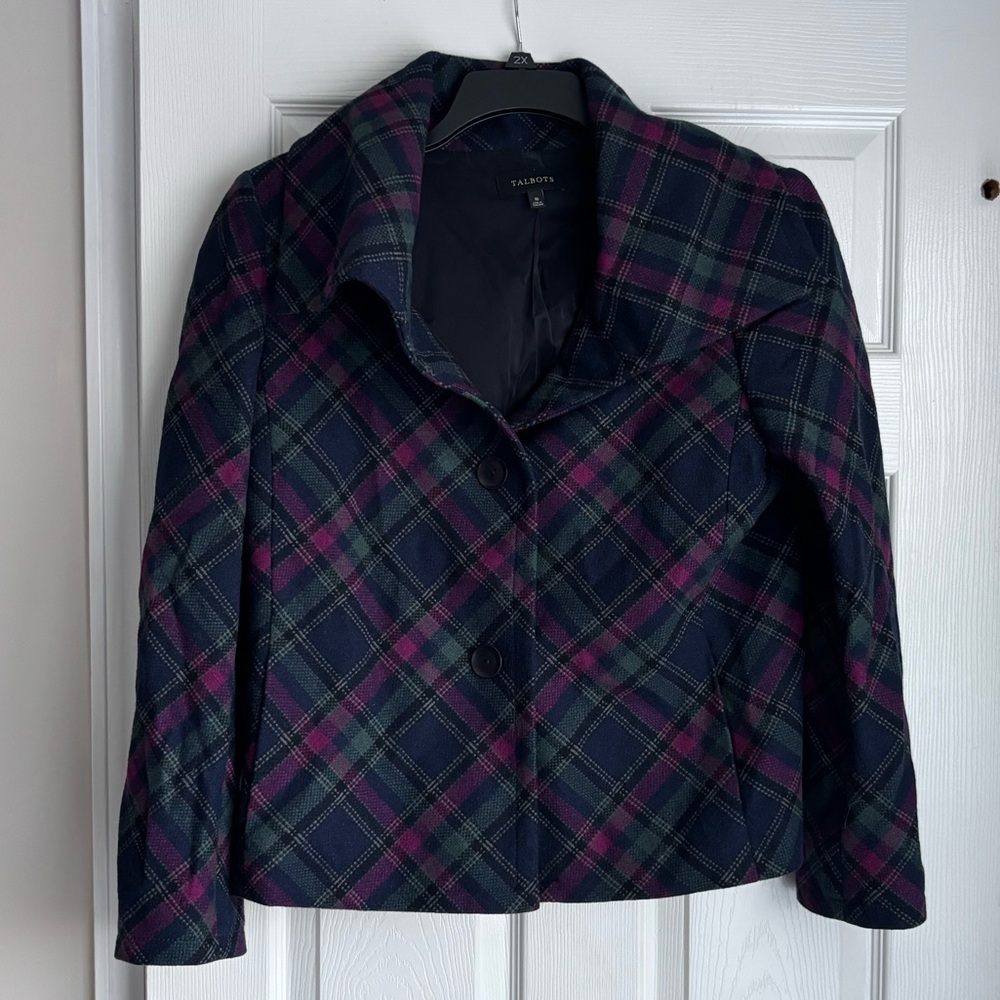 Talbots Plaid Pea Coat - Navy and Pink